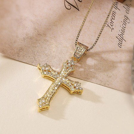 Brass Clear Cubic Zirconia Cross Fleury Pendant Box Chain Necklaces for Women PW-WG79844-03-1