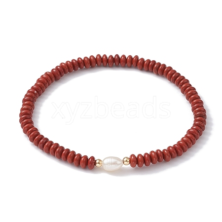 Natural Red Jasper Rondelle & Pearl Beaded Stretch Bracelets BJEW-JB09918-01-1