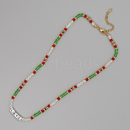 Christmas Theme Glass & Imitaiton Pearl & Brass LOVE Bicone Beaded Necklaces GF3195-10-1