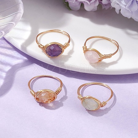 Oval Natural Rose Quartz & Prehnite & Amethyst & Citrine Finger Rings RJEW-JR00802-1