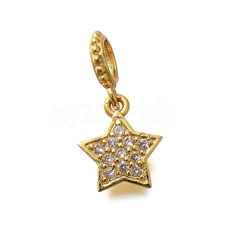 Brass Micro Pave Clear Cubic Zirconia Star European Dangle Charms KK-M313-30G-1