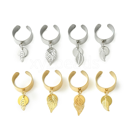 8Pcs 4 Style 304 Stainless Steel Open Cuff Finger Rings with Leaf Charms RJEW-AB00008-1