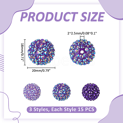 45Pcs 3 Colors Resin Rhinestone Bubblegum Ball Beads RESI-ME0001-38-1