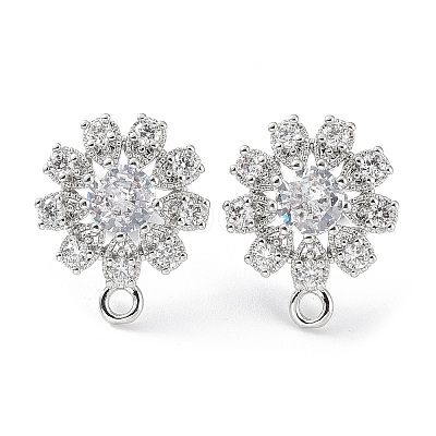 Hollow Flower Brass Micro Pave Cubic Zirconia Stud Earrings Finding KK-E083-07P-1