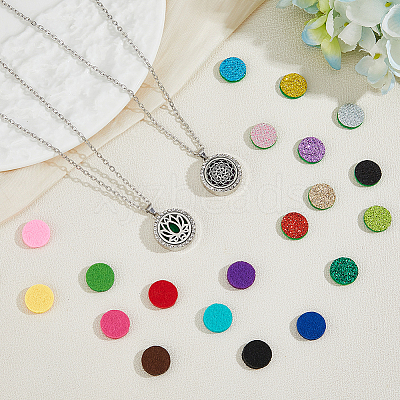 2Pcs 2 Styles Stainless Steel Flat Round with Flower Essential Oil Diffuser Locket Pendant Necklaces for Women NJEW-HS0001-17-1