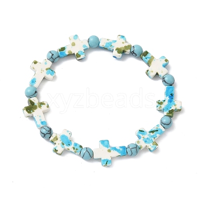 Baking Paint Synthetic Turquoise Cross & Round Beads Stretch Bracelets for Men Women BJEW-JB12341-02-1