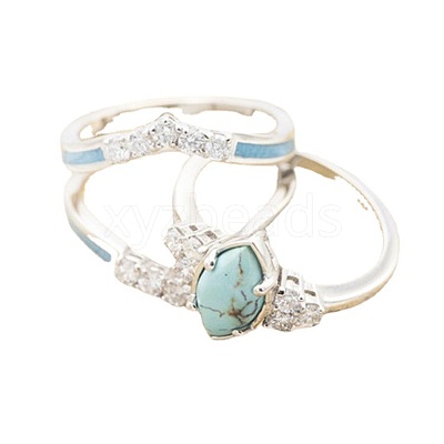 3Pcs Horse Eye Alloy & Crystal Rhinestone & Synthetic Turquoise Finger Rings FS-WG40CFA-08-1