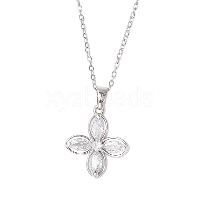 Flower Brass Pave Clear Cubic Zirconia Pendant Necklaces NJEW-JN05287-1