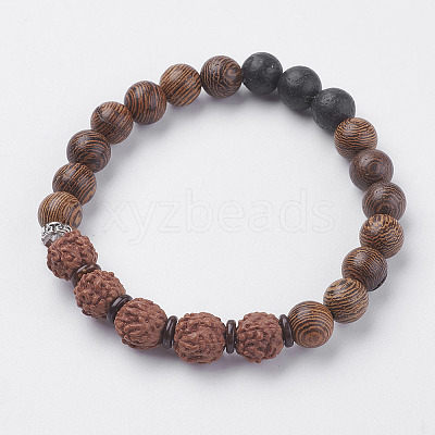 Natural Lava Rock & Wenge Wood Beads & Coconut Stretch Bracelets BJEW-I241-03E-1