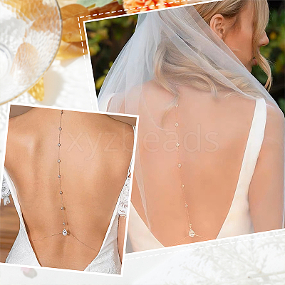 1Pc Clear Cubic Zirconia Teardrop Backdrop Necklace Body Chain NJEW-FG0001-02G-1