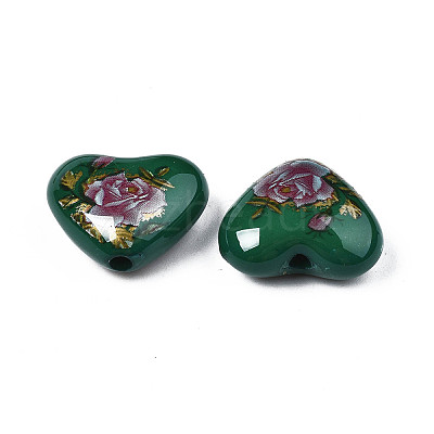 Flower Printed Opaque Acrylic Heart Beads SACR-S305-28-N04-1