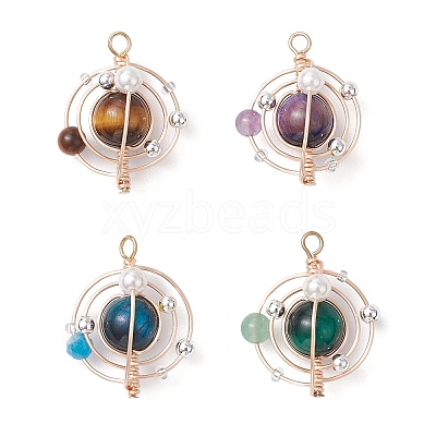 4Pcs 4 Colors Natural Tiger Eye & Shell Pearl Pendants PALLOY-TA00187-1