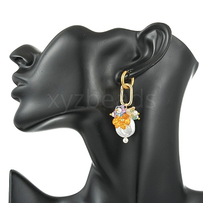 Natural Nucleated Baroque Keshi Pearl & Brass & 202 Stainless Steel & Glass Hoop Dangle Earrings EJEW-JE07262-1