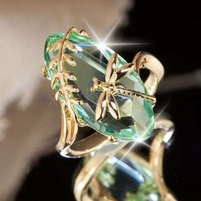 Leaf & Dragonfly Brass Glass Finger Rings FS-WGB6037-02-1