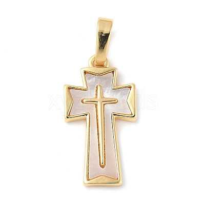 Brass Pave Natural White Shell Pendants KK-S522-01B-G-1