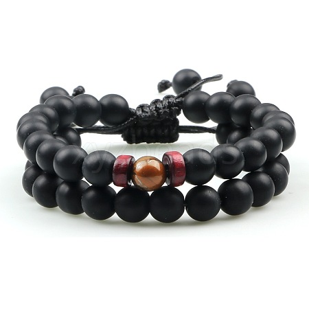 Ethnic Style Frosted Round Natural Obsidian & Tiger Eye Braided Beaded Bracelets Sets for Women Men WD6221-4-1