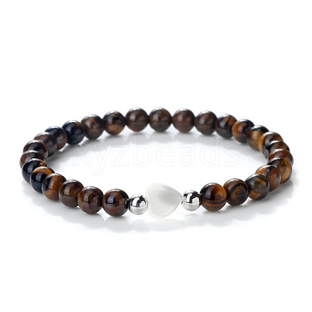 Natural Tiger Eye Heart & Round Beaded Stretch Bracelet PG1850-3-1