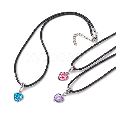 Heart with Fish Scale Shape 304 Stainless Steel with Resin Pendant Necklaces NJEW-JN04571-1