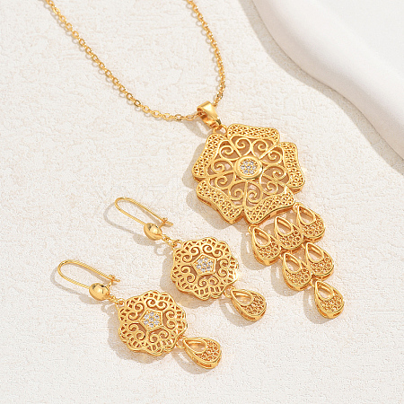 Simple and Stylish 18K Gold Plated Brass Flower Pendant Necklace & Dangle Earrings Set for Women ER9796-1