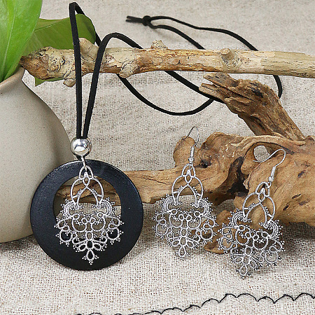 Ethnic Style Alloy & Wood Pendant Necklaces & Dangle Earrings Sets WGEBD92-04-1