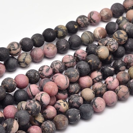 Frosted Natural Rhodonite Round Bead Strands G-F266-13-8mm-1