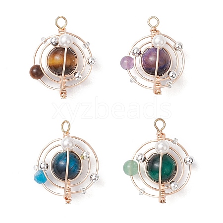 4Pcs 4 Colors Natural Tiger Eye & Shell Pearl Pendants PALLOY-TA00187-1