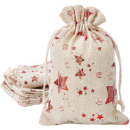 Christmas Jute Cloth Star Print Storage Pouches ABAG-WH0048-12B-1