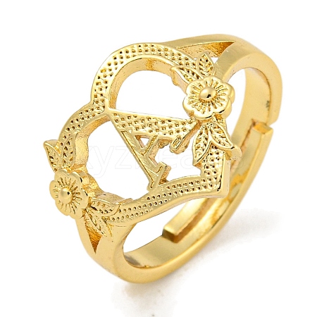 Heart with Letter & Flower Rack Plating Brass Adjustable Rings for Women RJEW-I105-05G-A-1