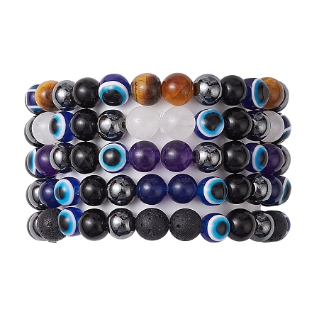 Round Gemstone Beaded Stretch Bracelets BJEW-JB11005-1