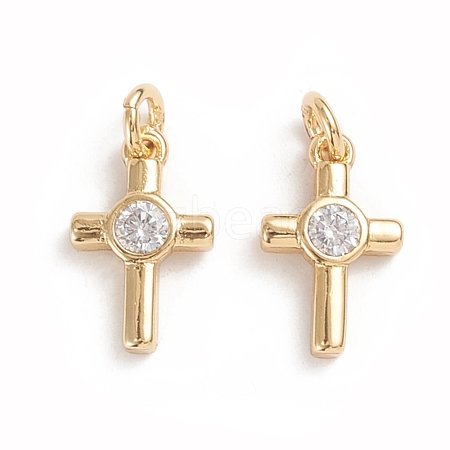 Brass Micro Pave Cubic Zirconia Tiny Cross Charms ZIRC-G165-03G-1