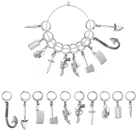 10Pcs 10 Style Killer's Weapon Theme Alloy Pendant Locking Stitch Markers HJEW-CJ00010-1