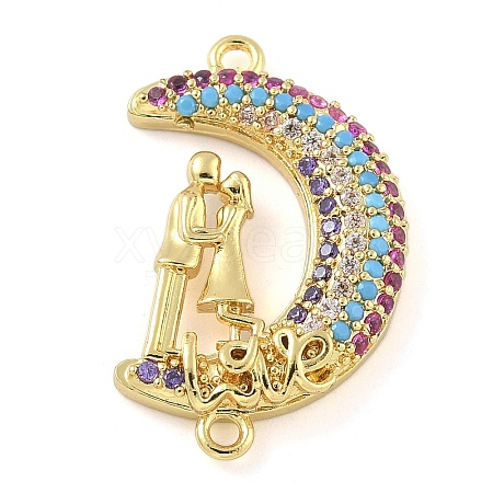 Rack Plating Brass Micro Pave Colorful Cubic Zirconia Moon with Couple Connector Charms KK-A234-083G-1