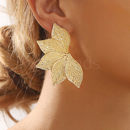 Alloy Leaf Stud Earrings for Women EJEW-U028-03G-1