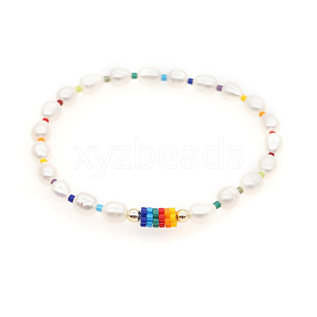 Simple Natural White Pearl & Coloful Glass Seed Bead Stretch Bracelets for Women TE6785-1