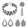 Tartan Teardrop PU Leather Pendant Necklaces & Bracelets & Dangle Earrings Sets SJEW-WH0007-07B-1