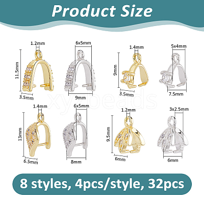 32Pcs 8 Styles Brass Micro Pave Cubic Zirconia Ice Pick Pinch Bails ZIRC-FH0001-54-1