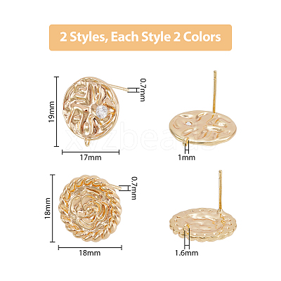 8Pcs 4 Style Flat Round with Flower Brass Micro Pave Clear Cubic Zirconia Stud Earrings Findings KK-DC0002-90-1