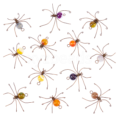12Pcs 6 Colors Copper Wire Wrapped Natural Banded Agate Spider for Door Window Protection HJEW-NB00186-1