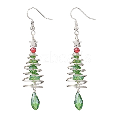 Christmas Tree with Star Brass Wired Glass Dangle Earrings EJEW-JE06126-1