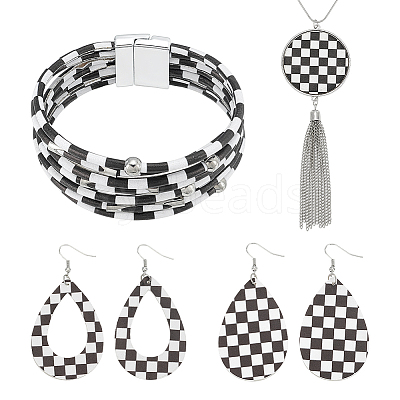 Tartan Teardrop PU Leather Pendant Necklaces & Bracelets & Dangle Earrings Sets SJEW-WH0007-07B-1
