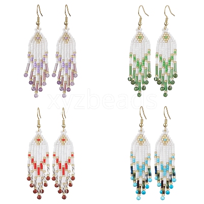 Woven Seed Beads & Natural Gemstone Tassel Earrings EJEW-MZ00154-1