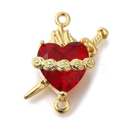 Brass FireBrick Cubic Zirconia Rose Heart with Sword Connector Charms KK-R002-27G-01-1