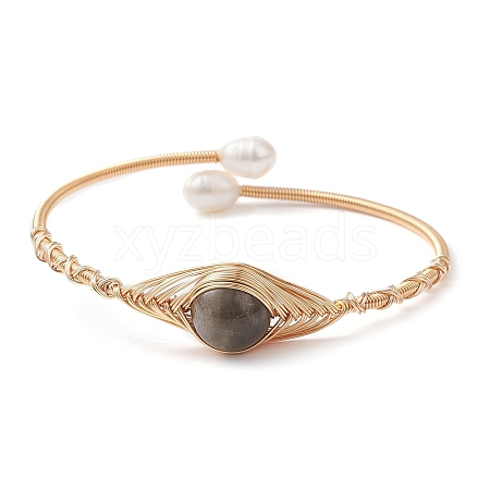 Natural Labradorite & Pearl Cuff Bangle BJEW-JB10119-03-1