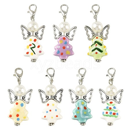 7Pcs 7 Colors Christmas Tree Handmade Porcelain & ABS Plastic Imitation Pearl Angel Pendant Decorations HJEW-FS00082-1