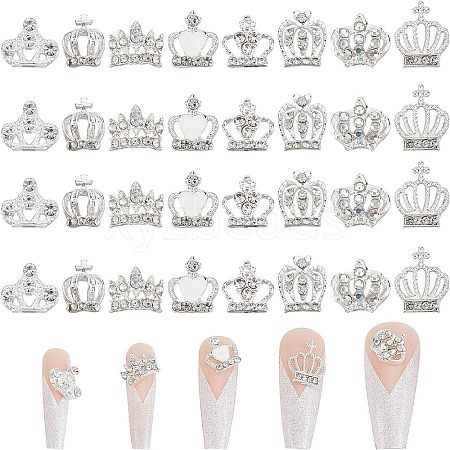 SUPERFINDINGS 32Pcs 8 Style Crown Alloy Rhinestone Nail Art Cabochons MRMJ-FH0001-20-1