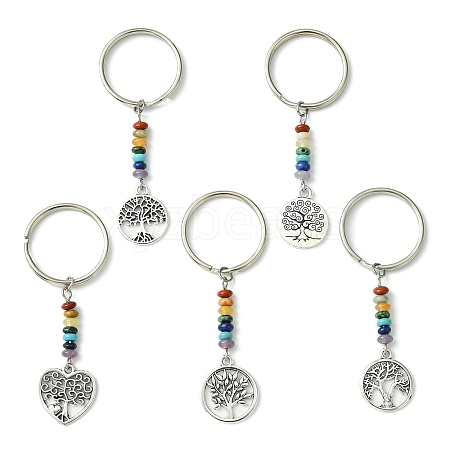 Alloy Flat Round & Heart with Tree of Life Pendant Keychain KEYC-JKC00591-1