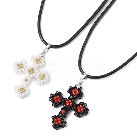 2Pcs 2 Colors Handmade Glass Seed Beads and Glass Pearl Round Pendants Necklaces NJEW-MZ00058-1