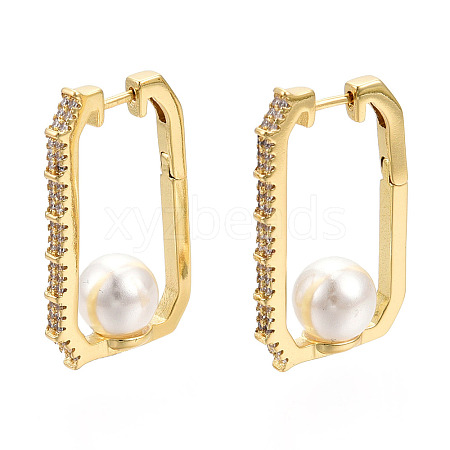 Clear Cubic Zirconia Rectangle with Plastic Pearl Hoop Earrings EJEW-N011-117LG-1