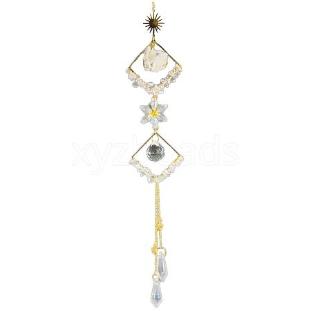 Wire Wrapped Natural Quartz Crystal Chips & Metal Rhombus Hanging Ornaments PW-WG8E26C-03-1