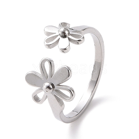 Non-Tarnish 304 Stainless Steel Flower Open Cuff Ring for Women RJEW-D120-07P-1